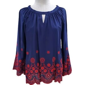 Reese boho top women's sz large blue red floral eyelet embroidery gathered neck